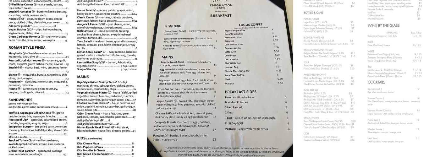 Emigration Cafe Menu