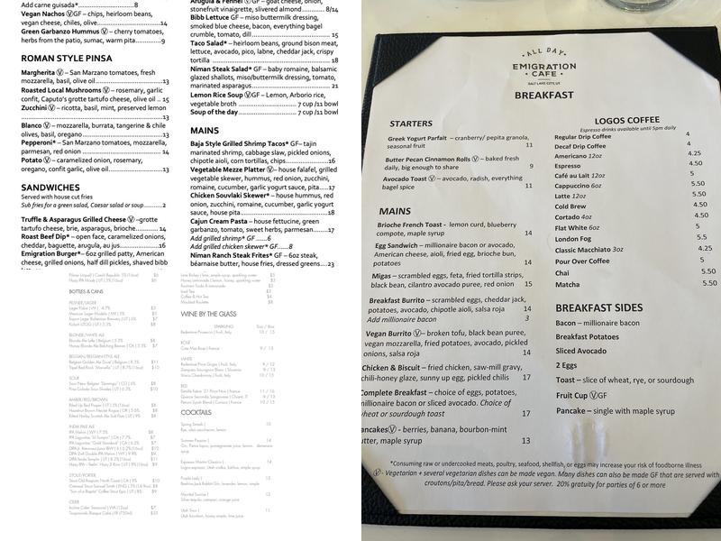 Emigration Cafe Menu