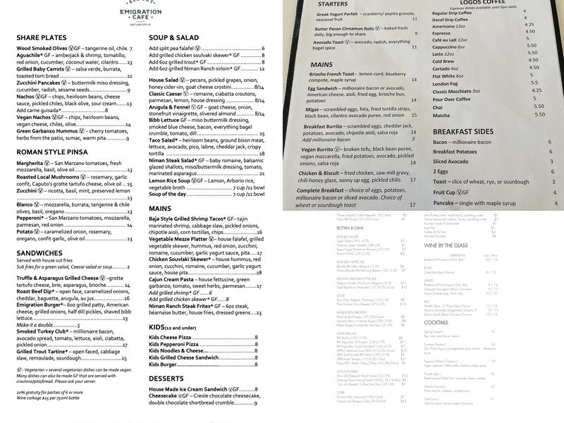 Emigration Cafe Menu