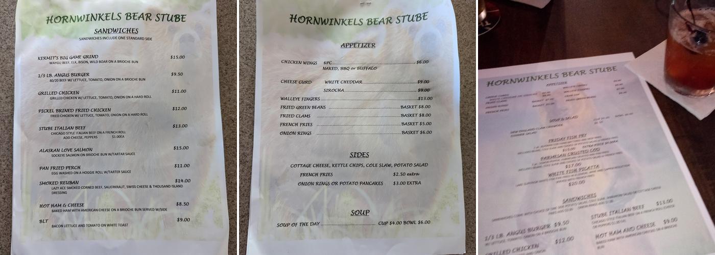 Hornwinkels Bear Stube Menu
