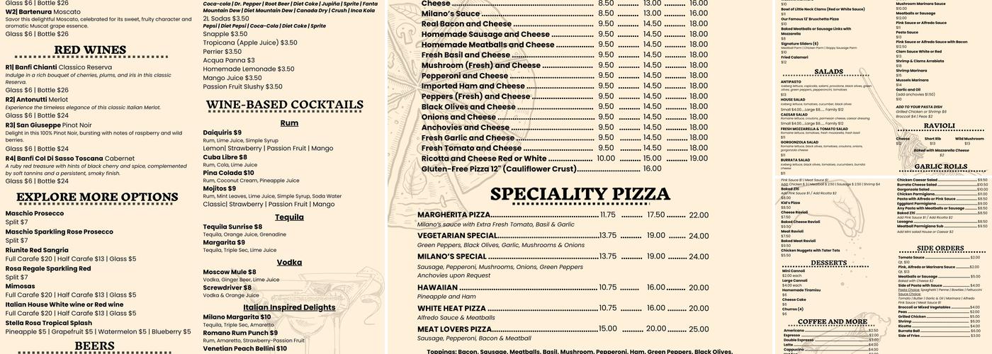 Milano's Pizzas Menu