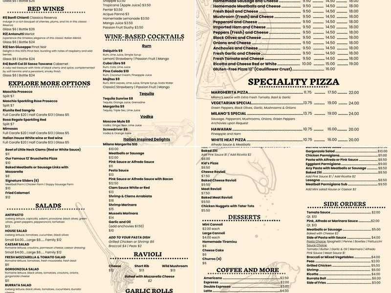 Milano's Pizzas Menu
