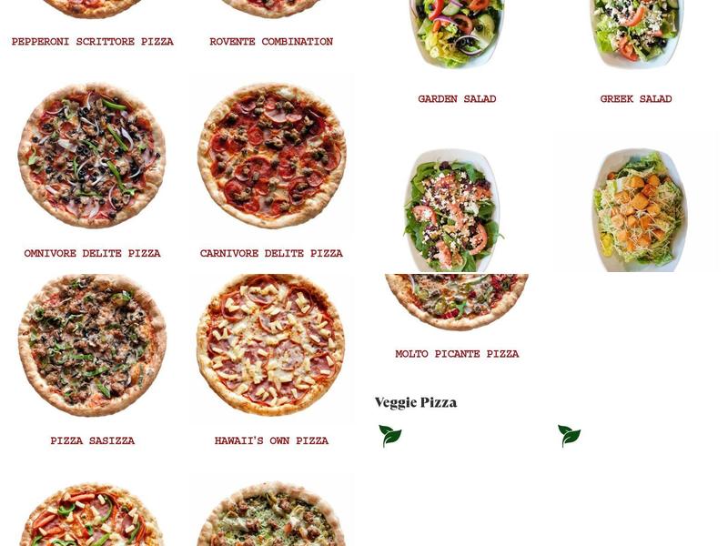 Rovente Pizzeria Menu