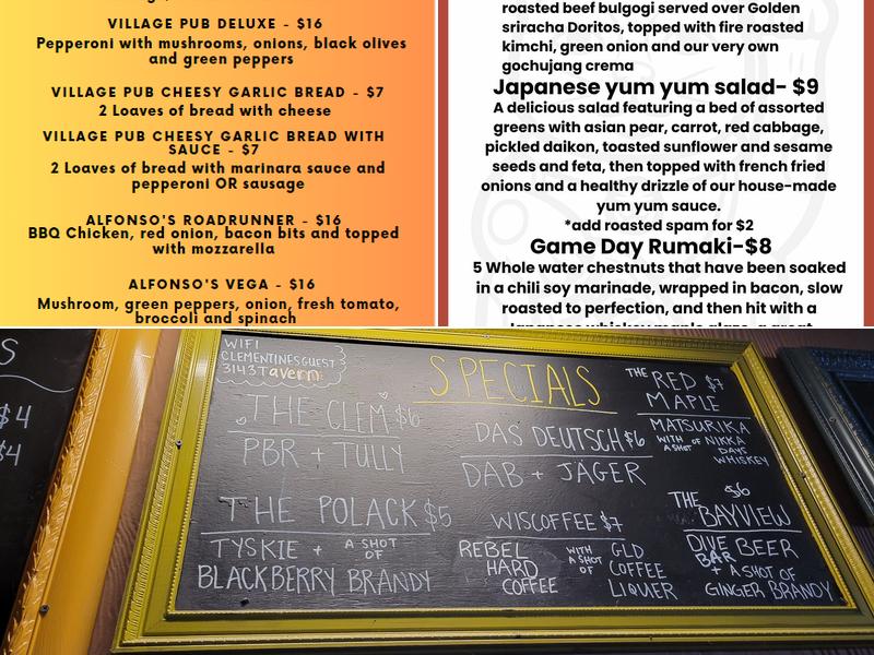 Clementines Tavern Menu