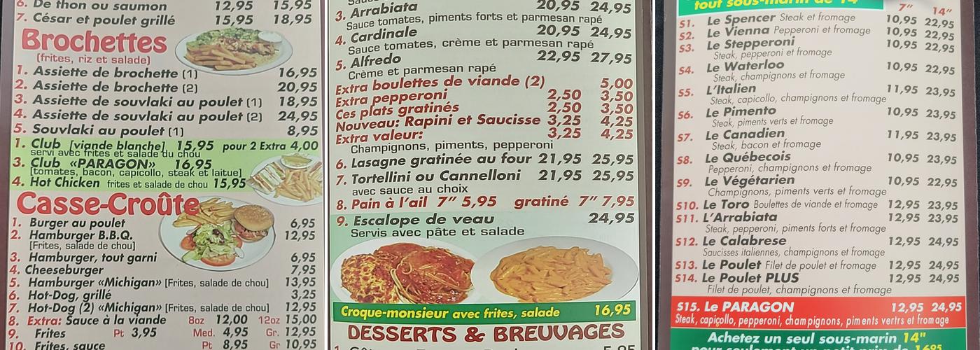 Restaurant Nouveau Paragon Beaubien Menu