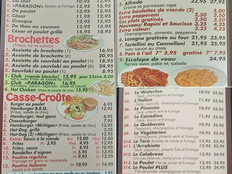 Restaurant Nouveau Paragon Beaubien Menu