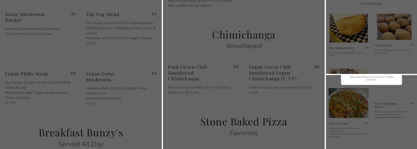 B&B's Bunzy's and Booze Menu