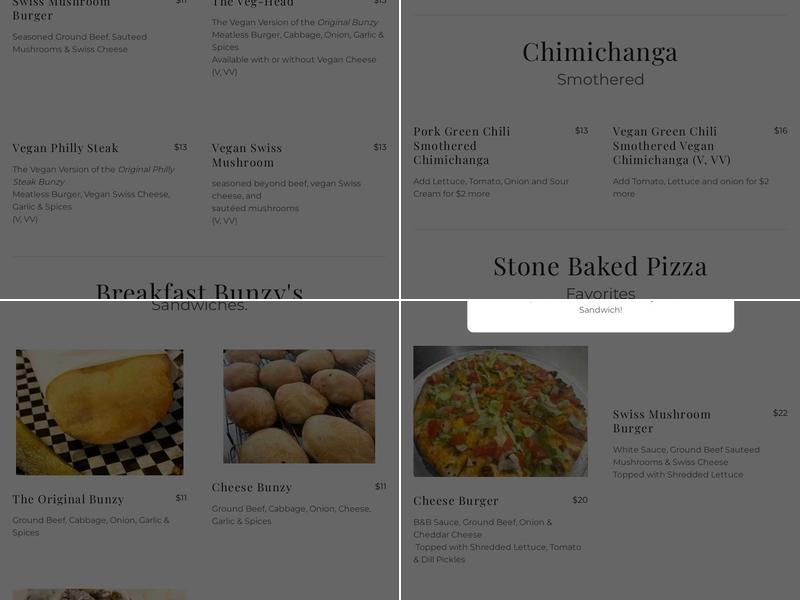 B&B's Bunzy's and Booze Menu