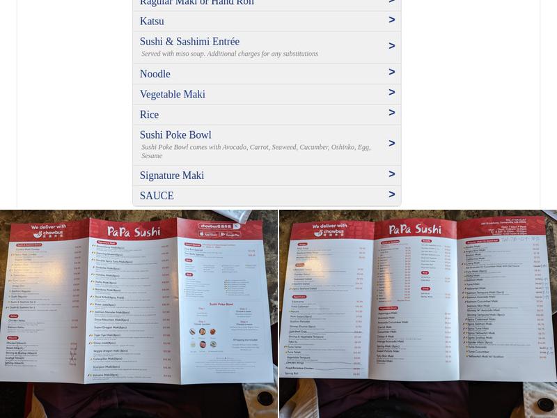 PaPa Sushi Menu