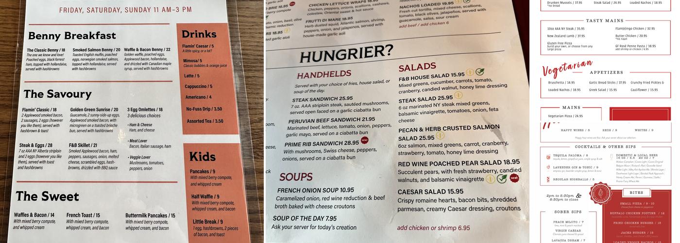 Flame & Barrel Restaurant and Bar Menu