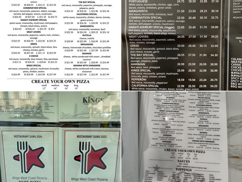 Kings West Coast Pizzeria Menu