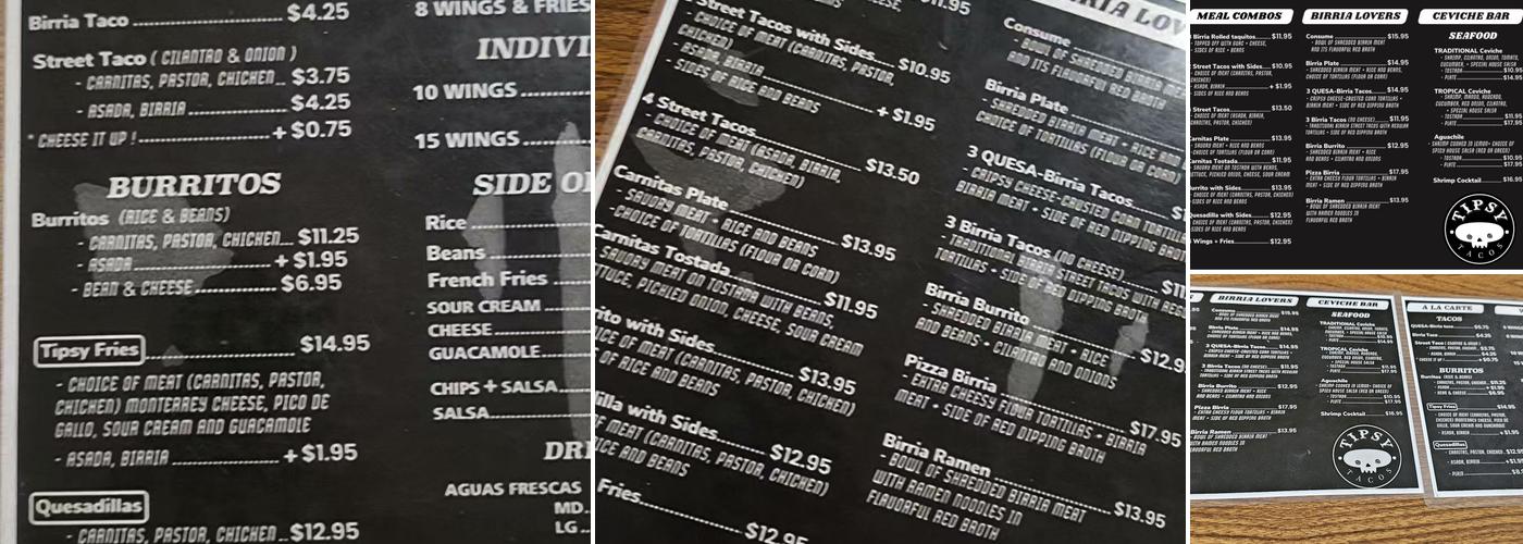 Tipsy Tacos Menu