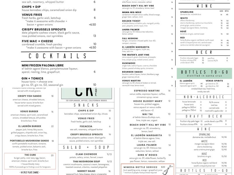 Venus Spirits Cocktails & Kitchen | Beachside Menu
