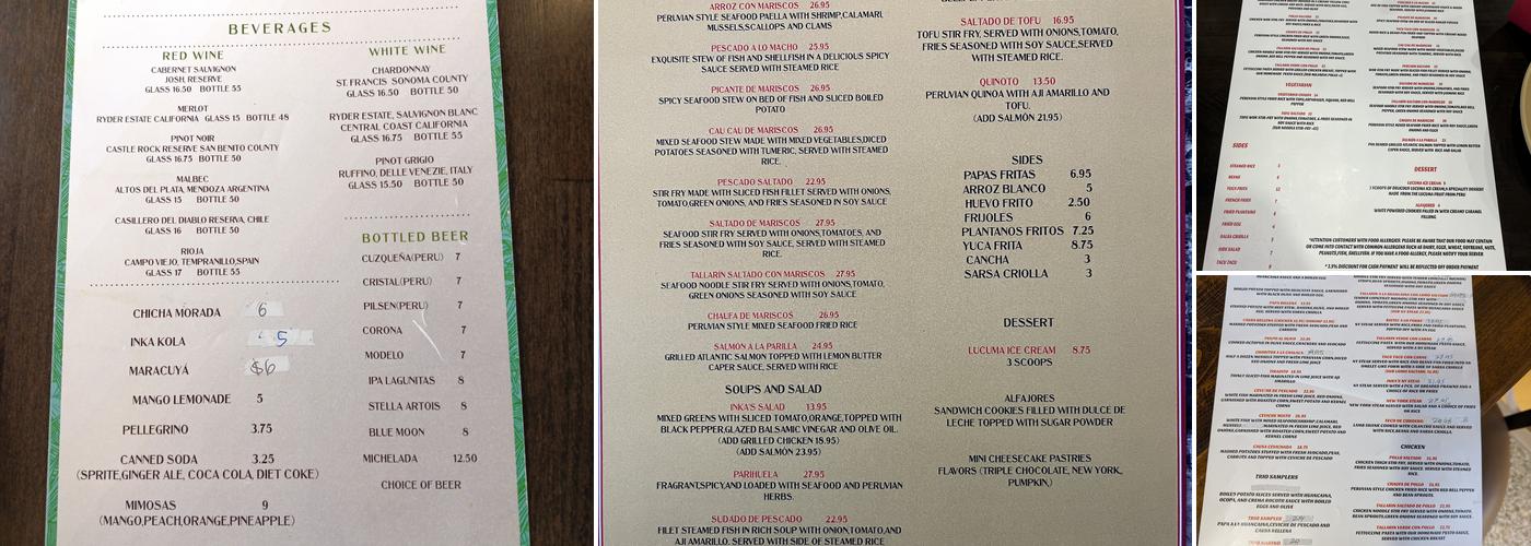 Inka’s restaurant Menu