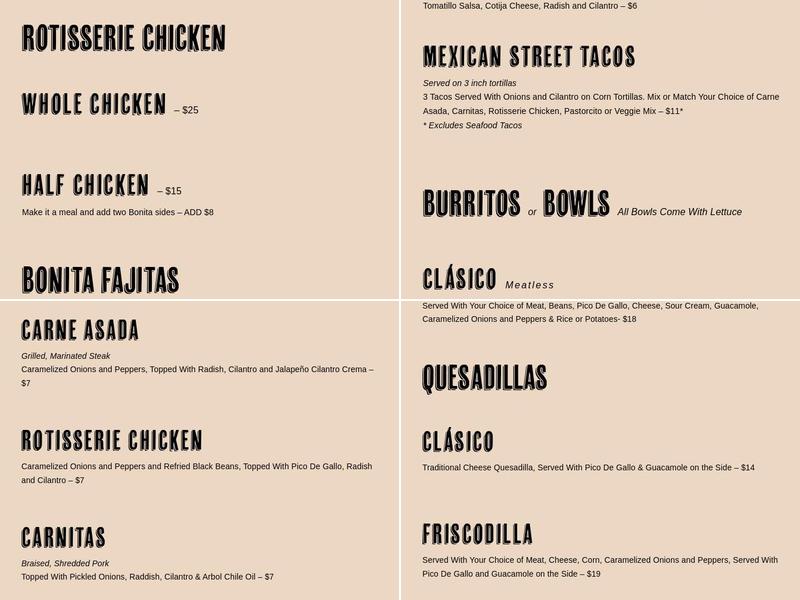 Bonita Taqueria y Rotisserie Menu