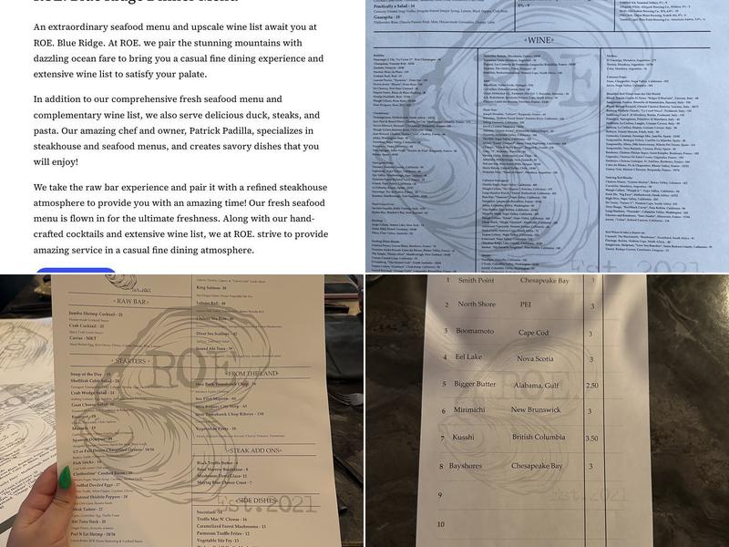 ROE. Raw Oyster Bar & Steak Menu