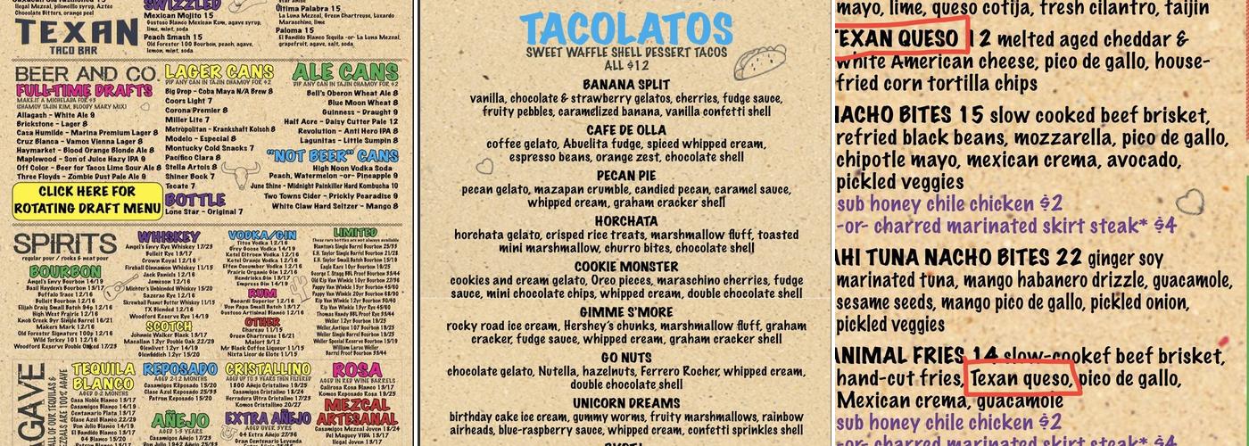Texan Taco Bar Menu