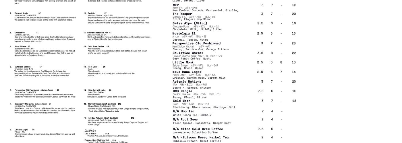 Perspective Brewing Co. Menu