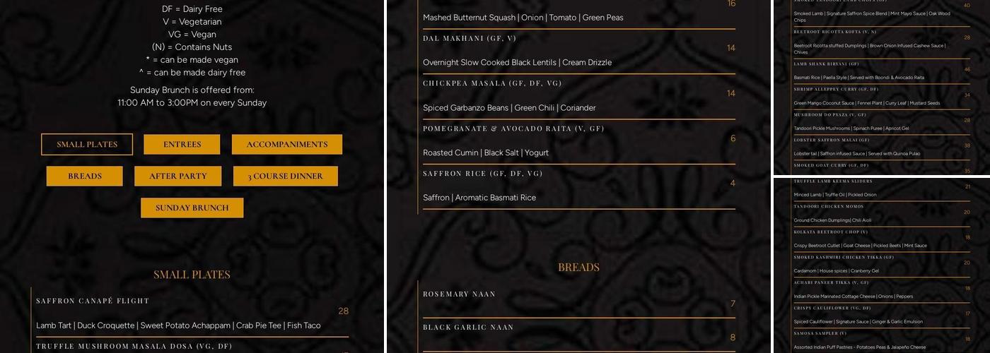 Saffron - Modern Indian Dining Menu