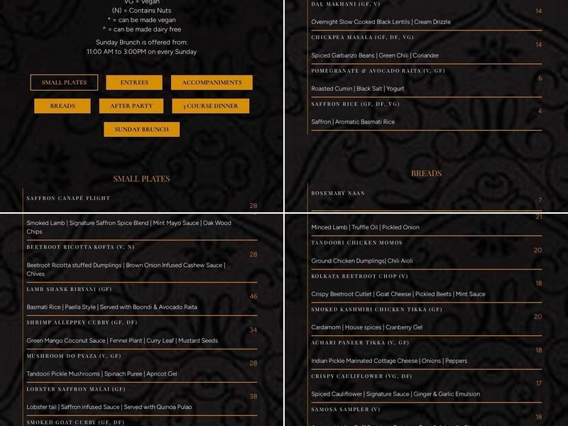 Saffron - Modern Indian Dining Menu