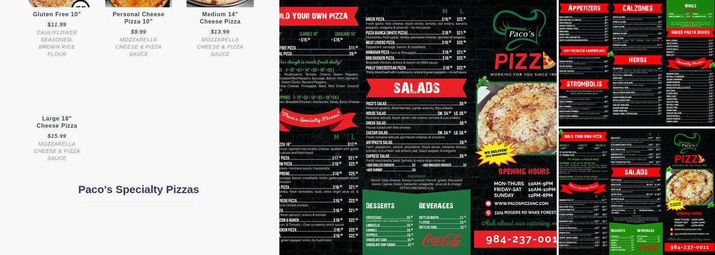 Paco's Pizza Menu