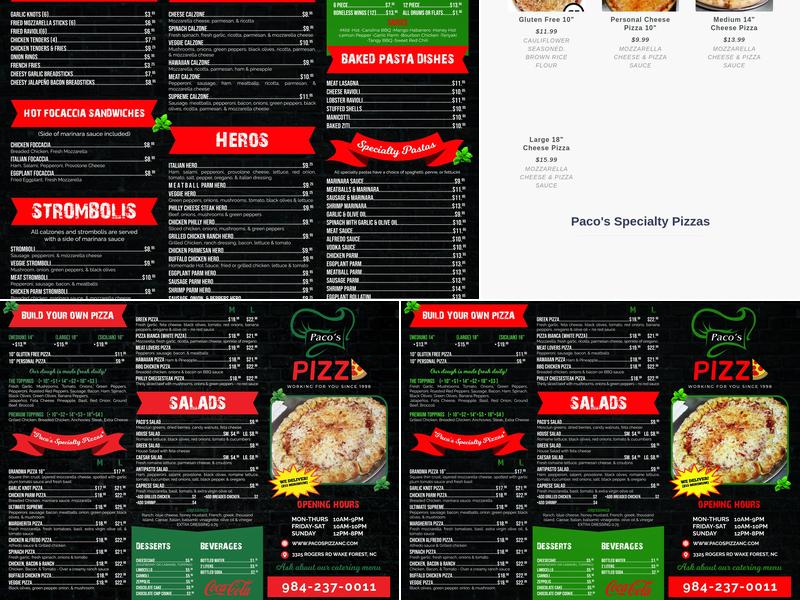 Paco's Pizza Menu