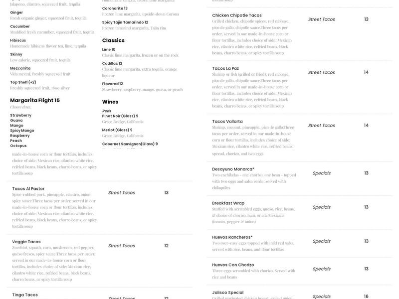 Monarca Cantina Menu