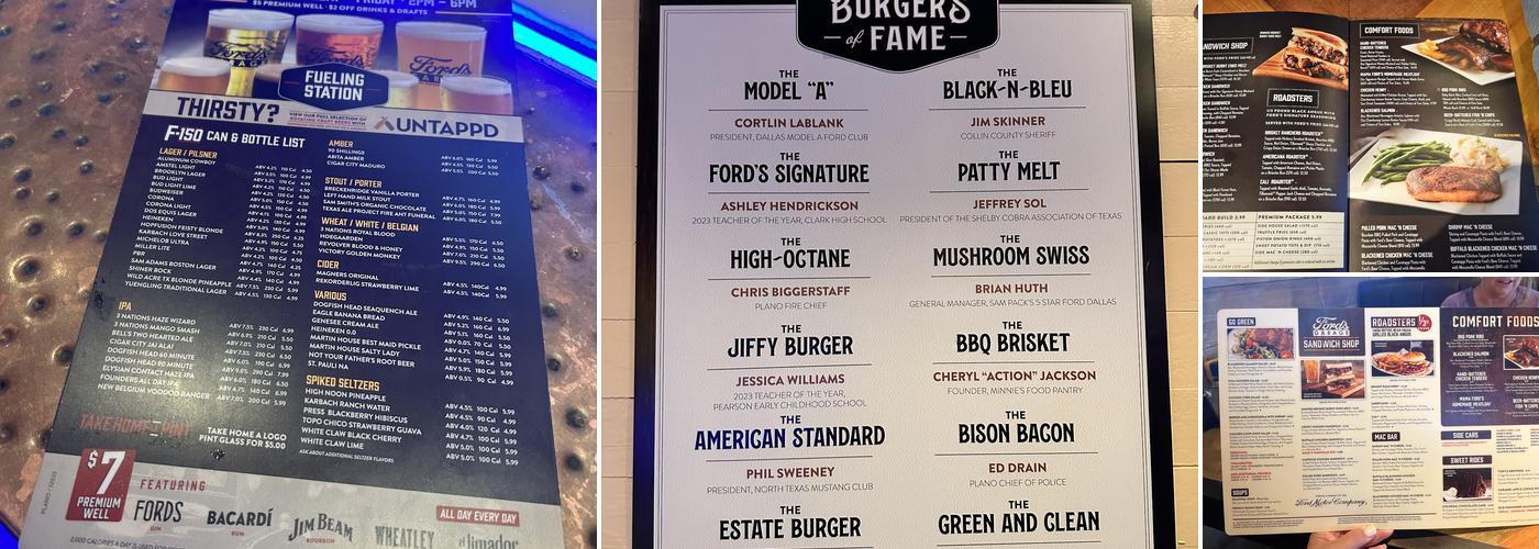 Ford's Garage Plano Menu