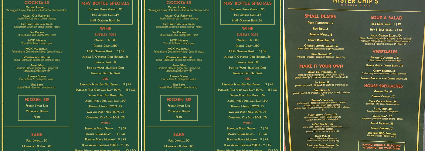 Mister Chip's Kitchen Menu
