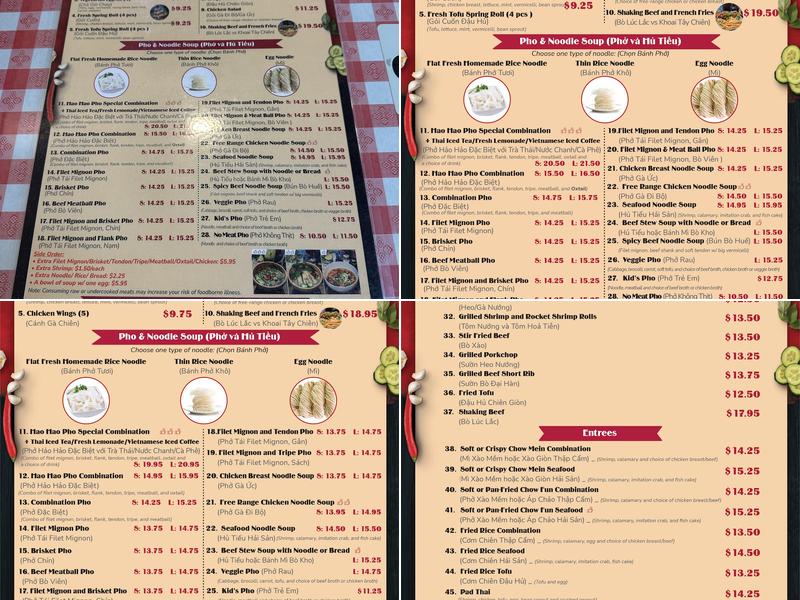Hao Hao Pho Menu