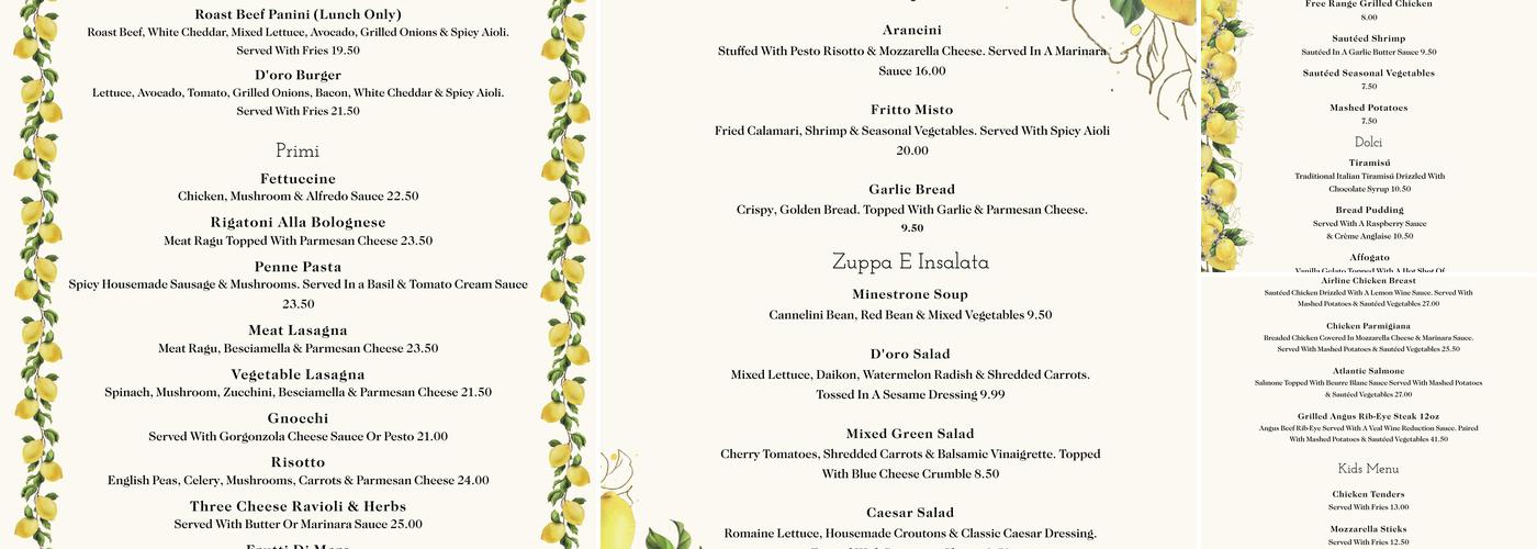 Ristorante Pasta D'oro Menu