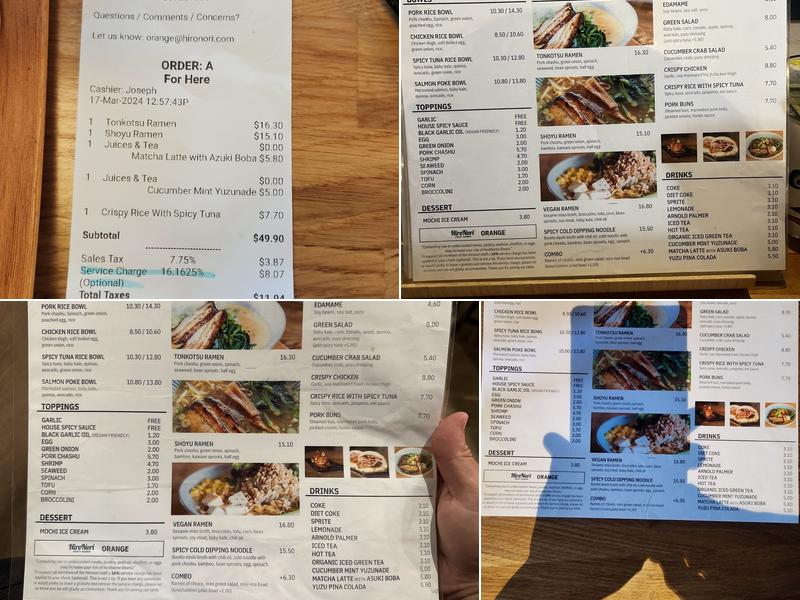 HiroNori Craft Ramen (Orange) Menu