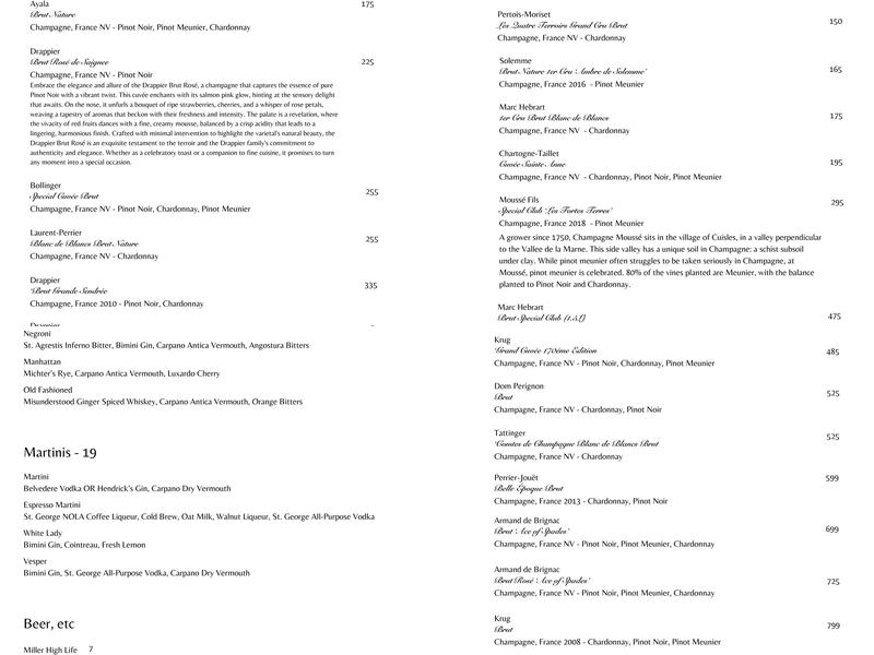 Bocage Champagne Bar Menu