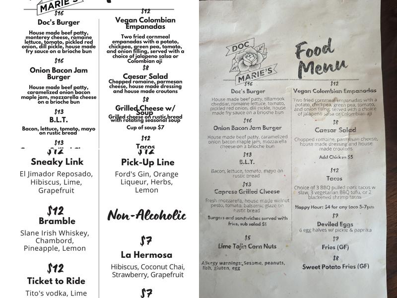 Doc Marie’s Menu