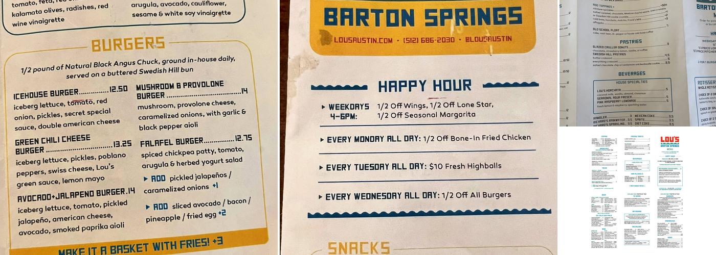 Lou's Barton Springs Menu