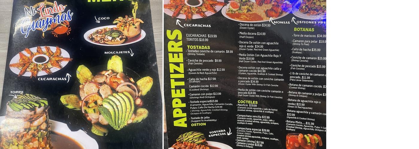 Mariscos Mi Lindo Guaymas Menu