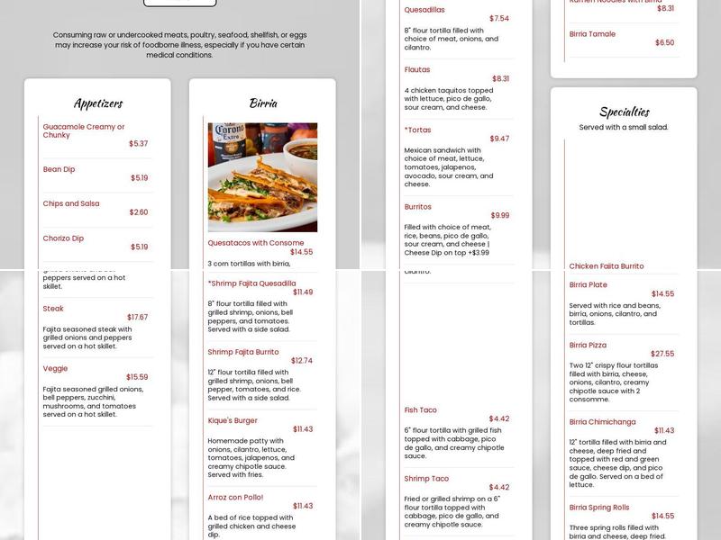 Kique’s Kitchen Menu