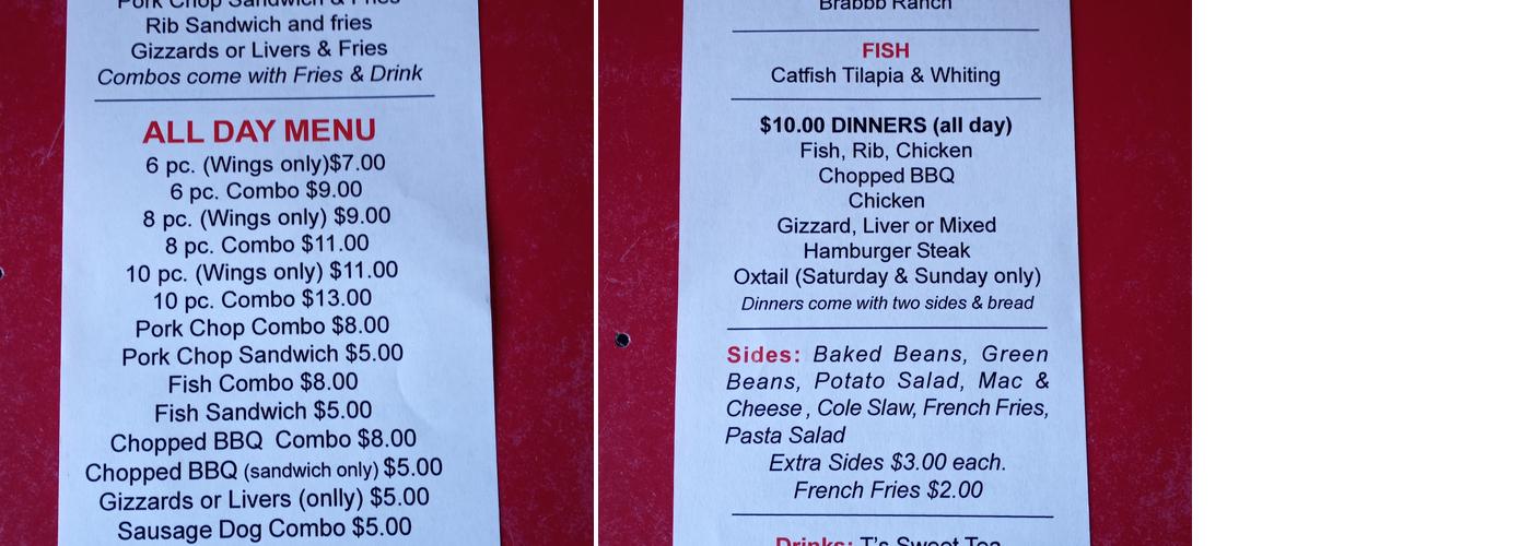 T's BBQ Menu