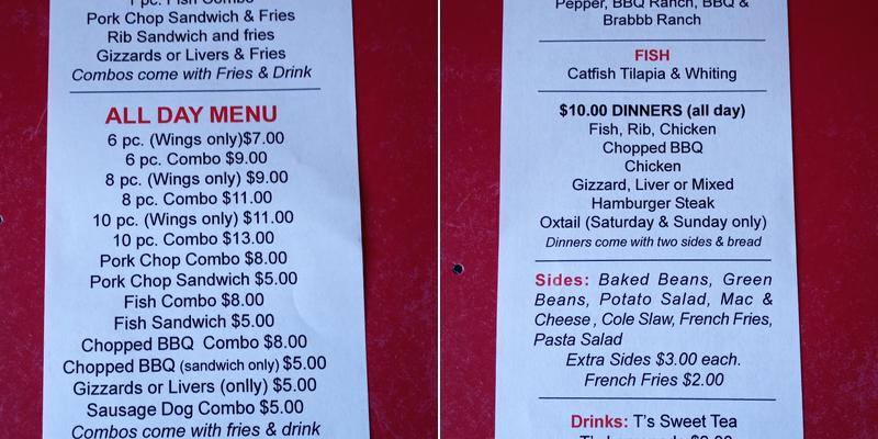 T's BBQ Menu