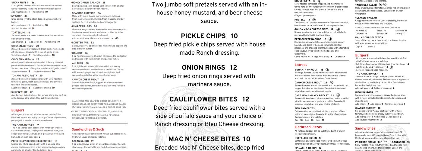 Redhawk Gastropub Menu