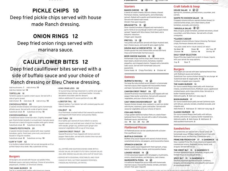 Redhawk Gastropub Menu