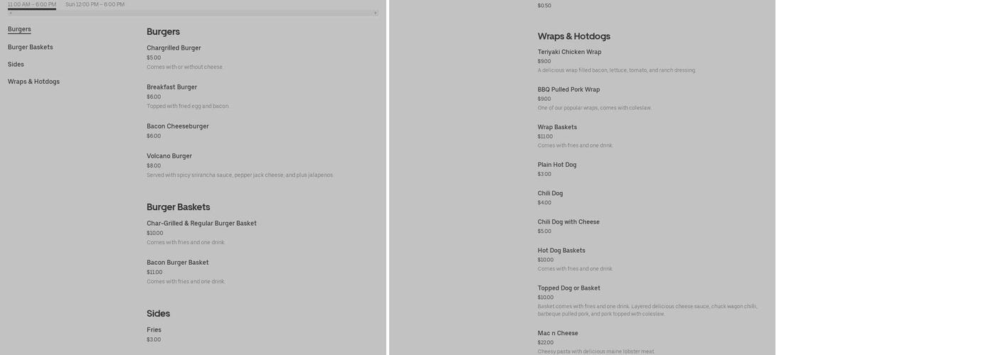 Joe's Chuck Wagon Menu