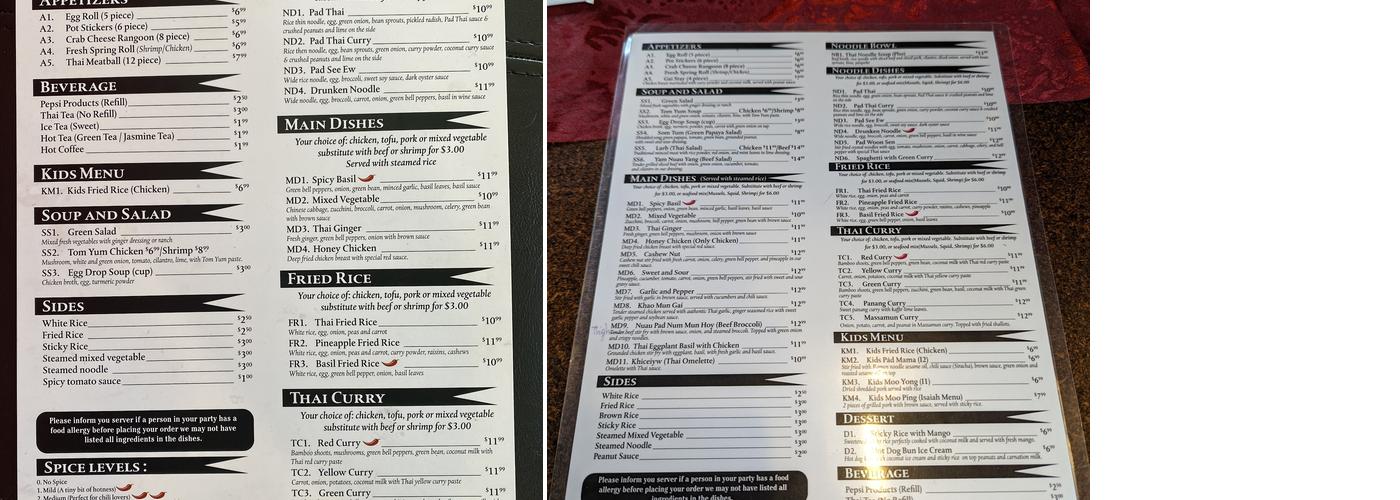 Honey's Thai Kitchen Menu