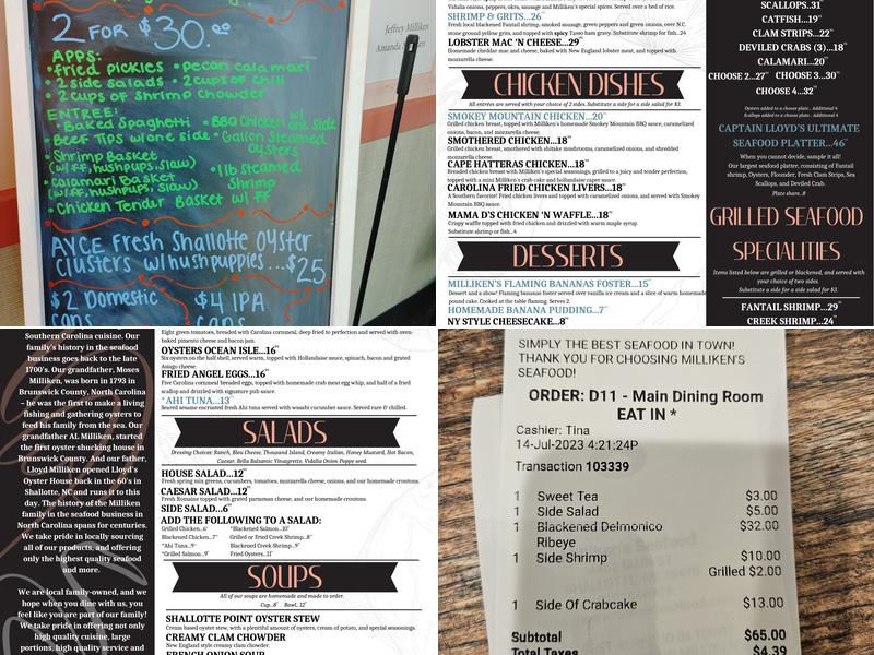 Milliken's Seafood Menu