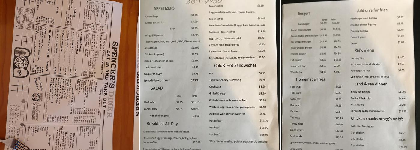Spencer's Diner Menu
