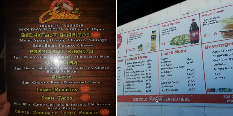 Chavez burritos Menu