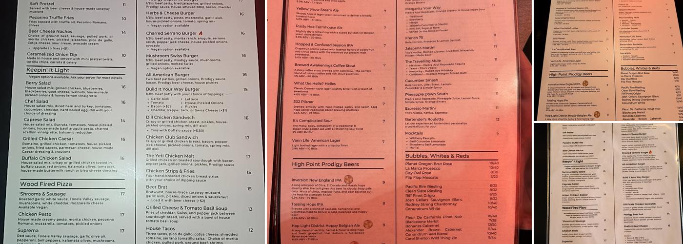 Prodigy Brewing Menu