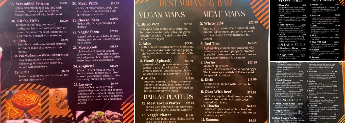 Dahlak Eritrean Restaurant & Bar Menu