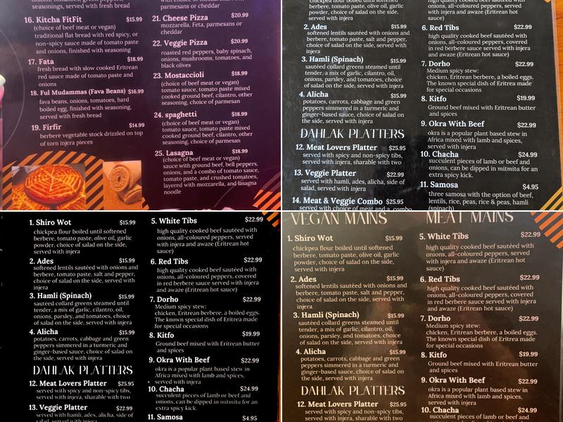 Dahlak Eritrean Restaurant & Bar Menu