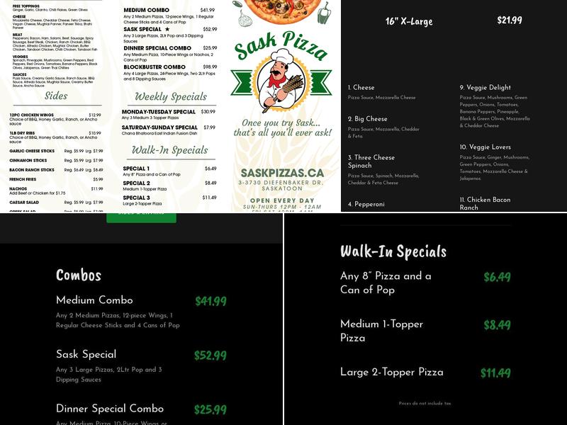 Sask Pizza Menu